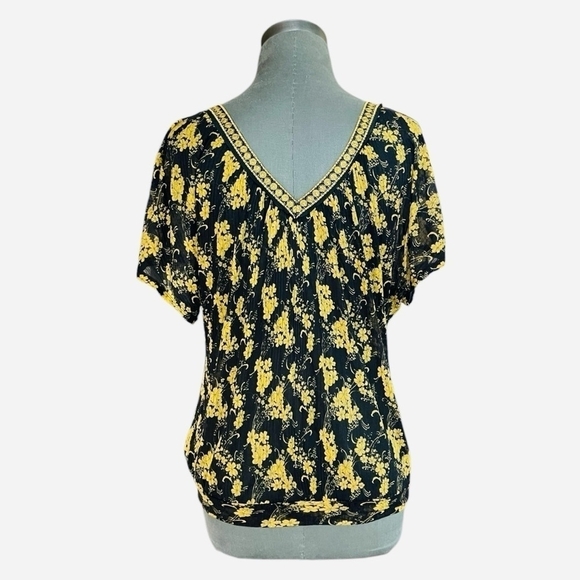 Women Blouse FREE PEOPLE Navy Blue Yellow Floral Weightless Shirt Loose Fit Top - Picture 4 of 6
